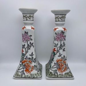 Chinese Floral Ceramic Candlesticks - Set of 2